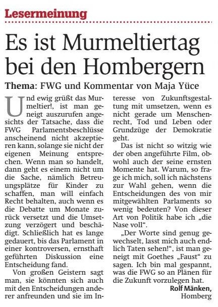 Murmeltiertag - Leserbrief von Rolf Mänken
